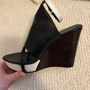 Theory Black and White Wedge Sandals with Ankle Strap